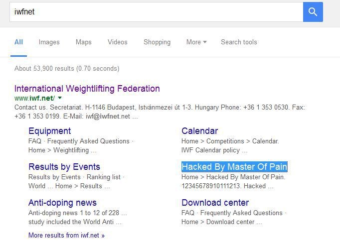 آثار هک وبسایت سایت فدراسیون جهانی وزنه‌برداری در گوگل